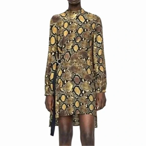 ZARA SNAKESKIN ANIMAL PRINT LONG SLEEVE BELTED BLACK BROWN YELLOW DRESS SZ XS - Picture 3 of 16